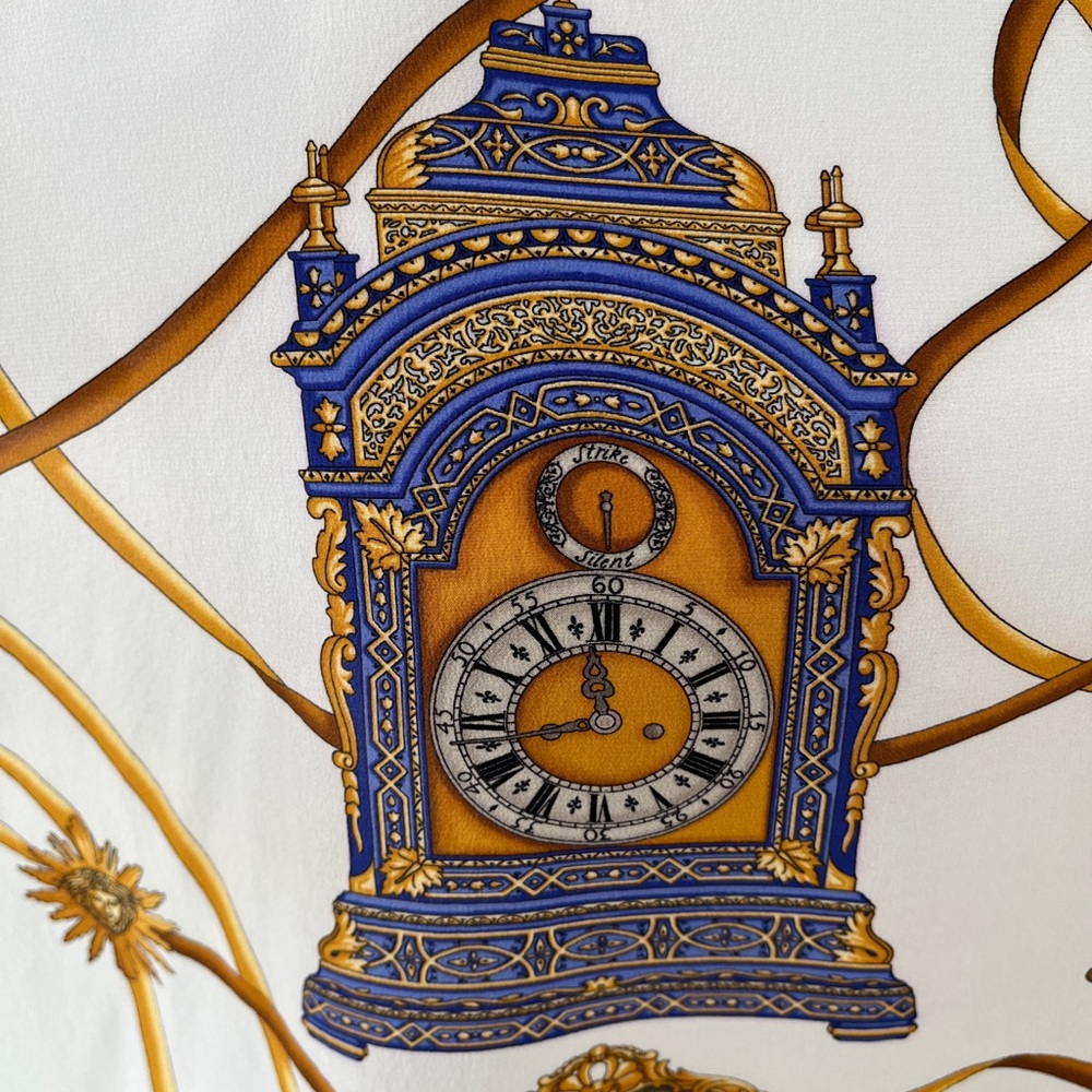 SCARF Square Unsigned Classic Clock Pattern Navy Gold Cream Timeless Chic - Picture 11 of 16